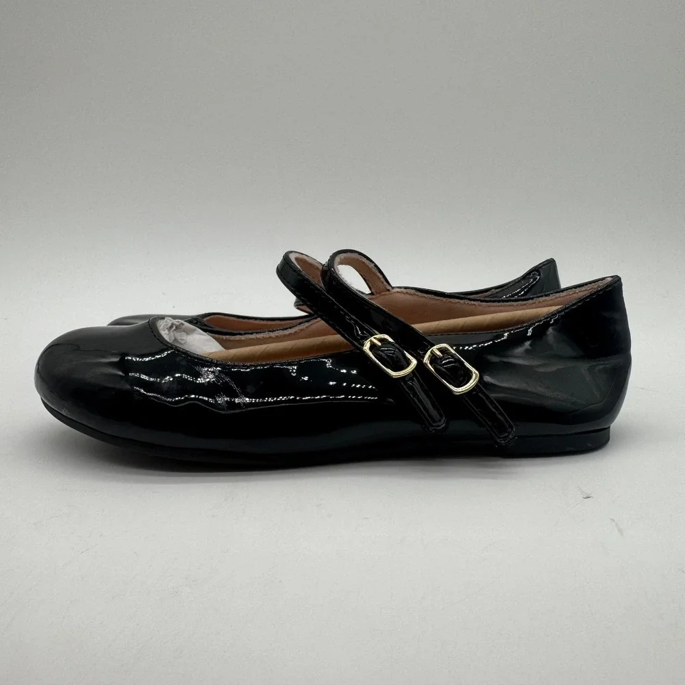 Girls Size 1 Black Patent Mary Jane Flats Double Strap Gold Buckle Dress Shoes